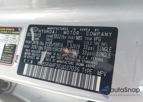 2014 Hyundai Santa Fe Gls z USA, uszkodzony, nr VIN KM8SR4HF3EU037036